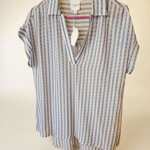 White And Blue-Striped V-Neck Blouse